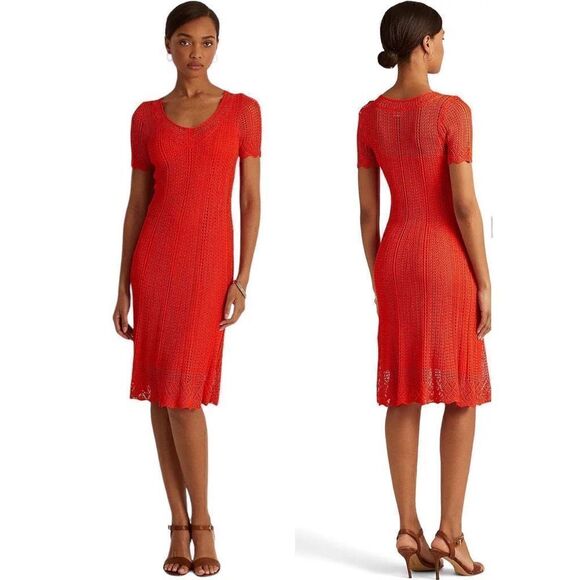 Lauren Ralph Lauren Weryna Crochet Pointelle Knit Orange Short Sleeve Dress, siz - Picture 2 of 15